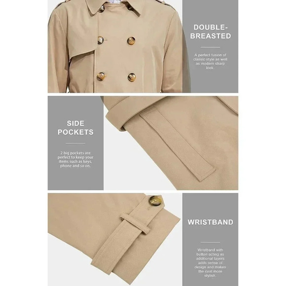 Men's Long Double Breasted Trench Coat with Belt  Light Lape Windbreaker - Picture 5 of 6